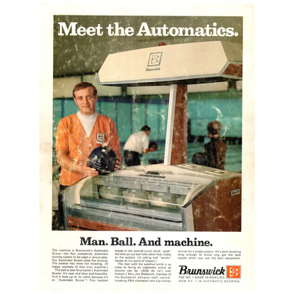 Original Brunswick Meet the Automatics print advertisement showing an early automatic scoring console