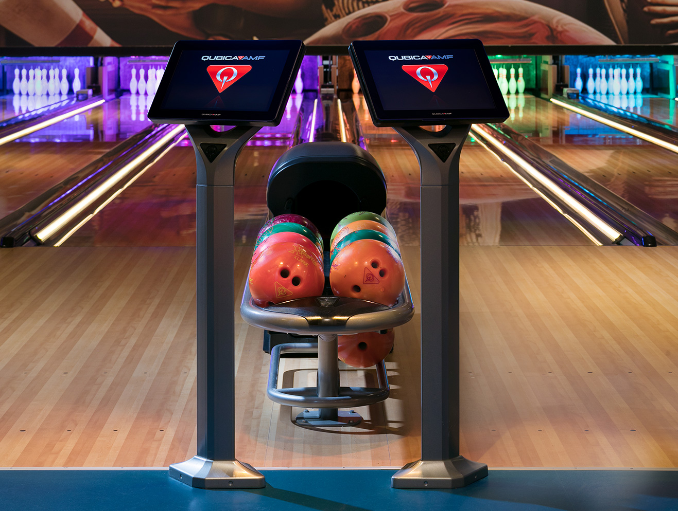 QubicaAMF touch-screen bowling scoring consoles at a modern bowling center